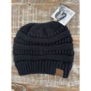CC Beanie Tail Soft Stretch Cable Knit Messy High Bun Ponytail‎ Beanie